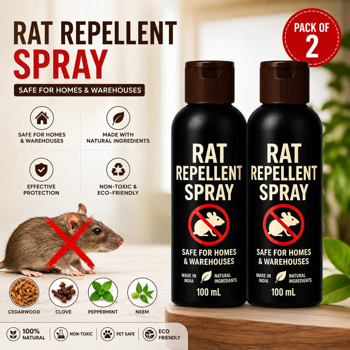 Rat Repellent Spray for Car & Home (Pack of 3) – High-Efficiency Rodent Repellent Spray for Car Engine & House Protection