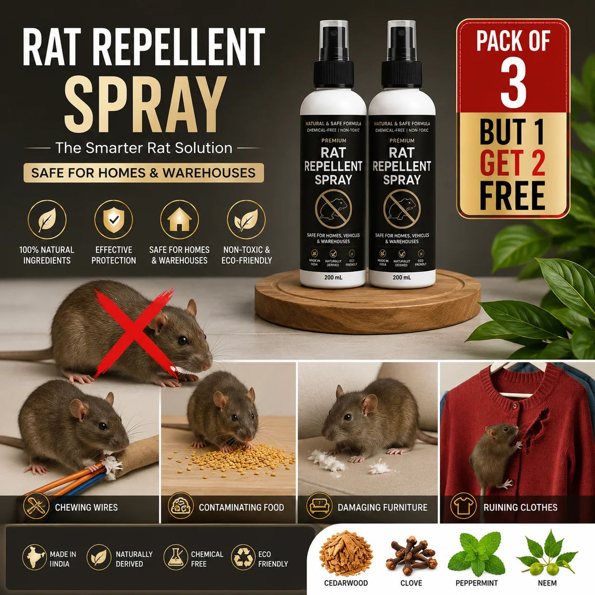 Rat Repellent Spray for Car & Home (Pack of 3) – High-Efficiency Rodent Repellent Spray for Car Engine & House Protection